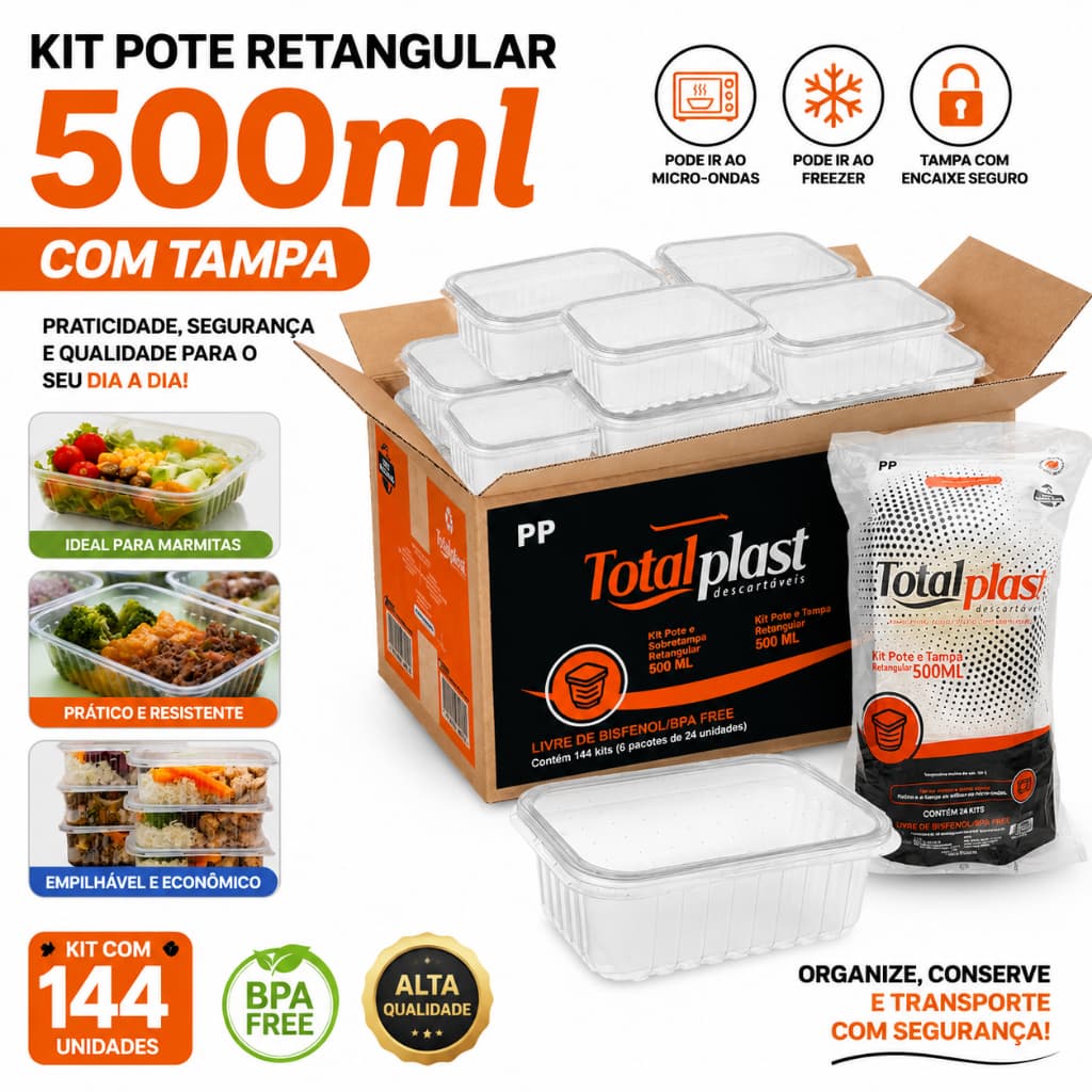 Caixa 144 Potes Retangulares 500ml Com Tampa PP Alimentos Microondas Freezer Totalplast