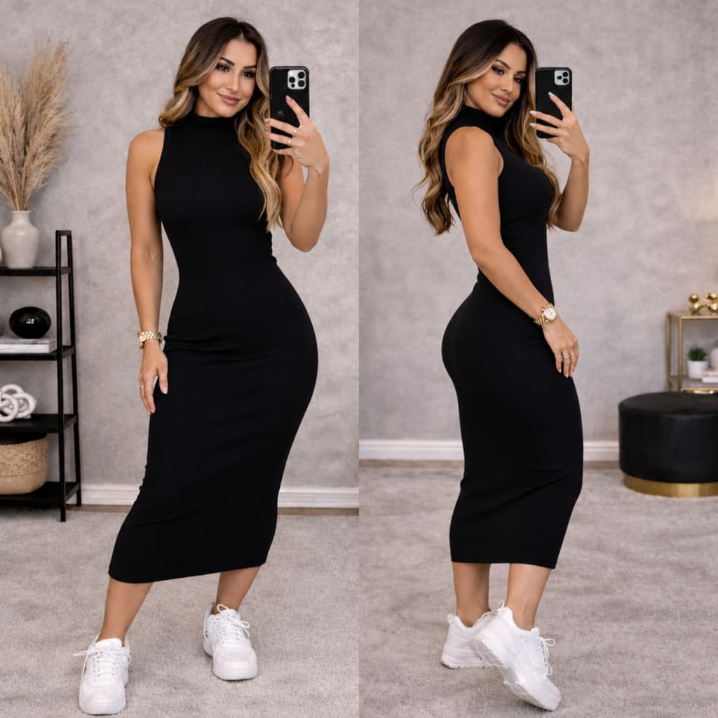 Vestido Midi Canelado Feminino Gola Alta Malha Canelada Regata Moda Gringa Elegante
