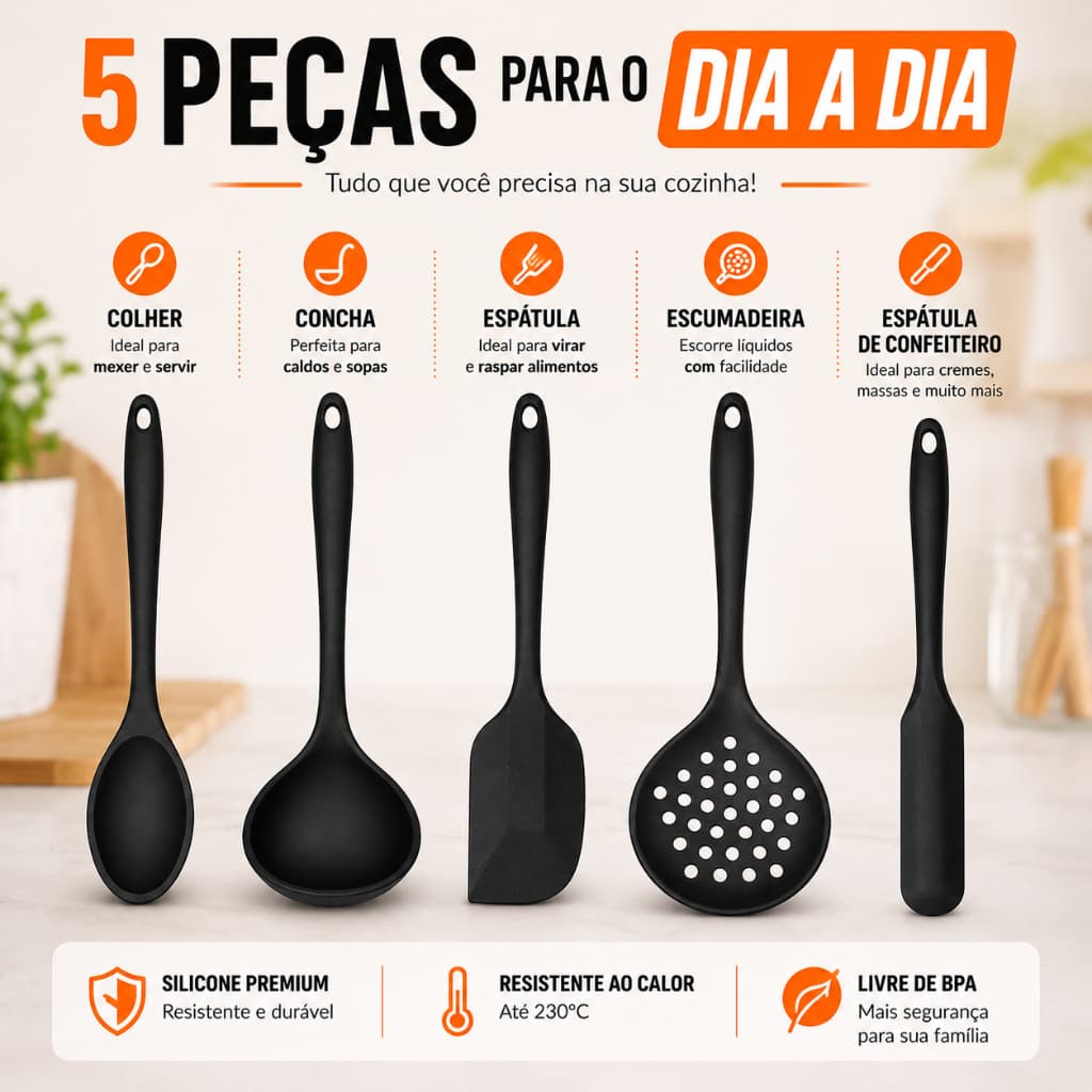 Kit 5 Utensílios 100% Silicone Macio Para Cozinha Concha Espátula Colher e Escumadeira