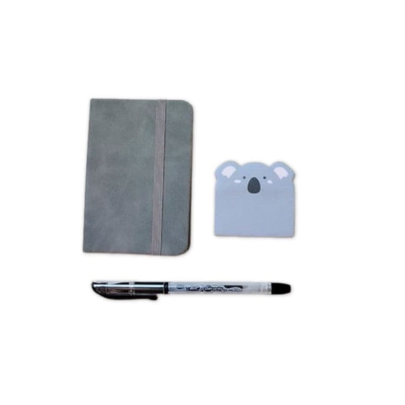 Kit Papelaria Cinza Caderno A7 Capa Sintética Caneta Gel Bloco Adesivo Coala Planner
