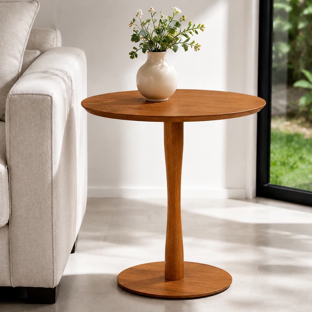 Mesa De Apoio Lateral Centro Tampo Mdf Com Lâmina Natural 58cm Altura 50cm Comprimento 30cm Largura Design Oval Moderno