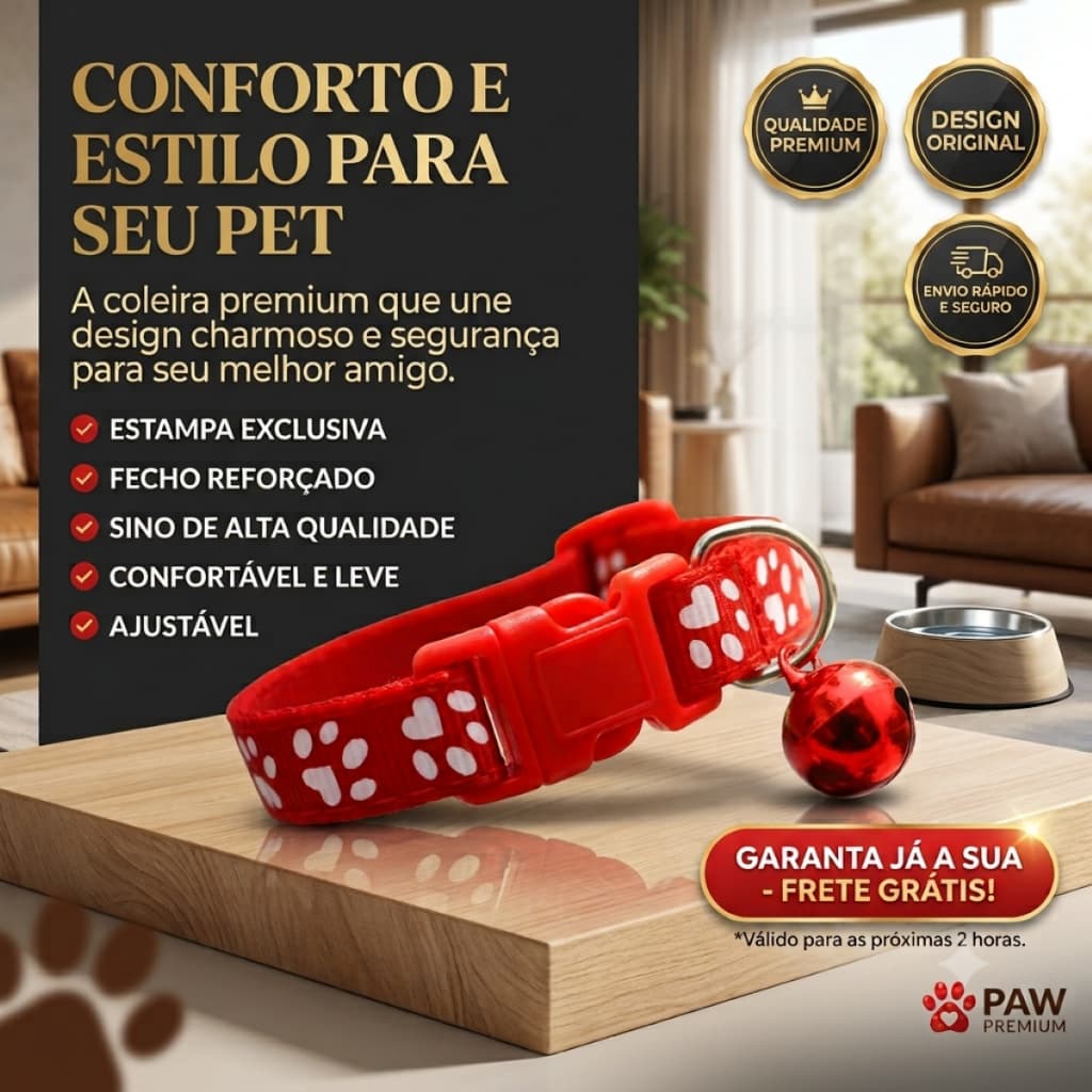 Coleira Ajustável Pet Cães Gatos Raça Pequena Sino Animais Estimação Estampa Patas Cores Laranja