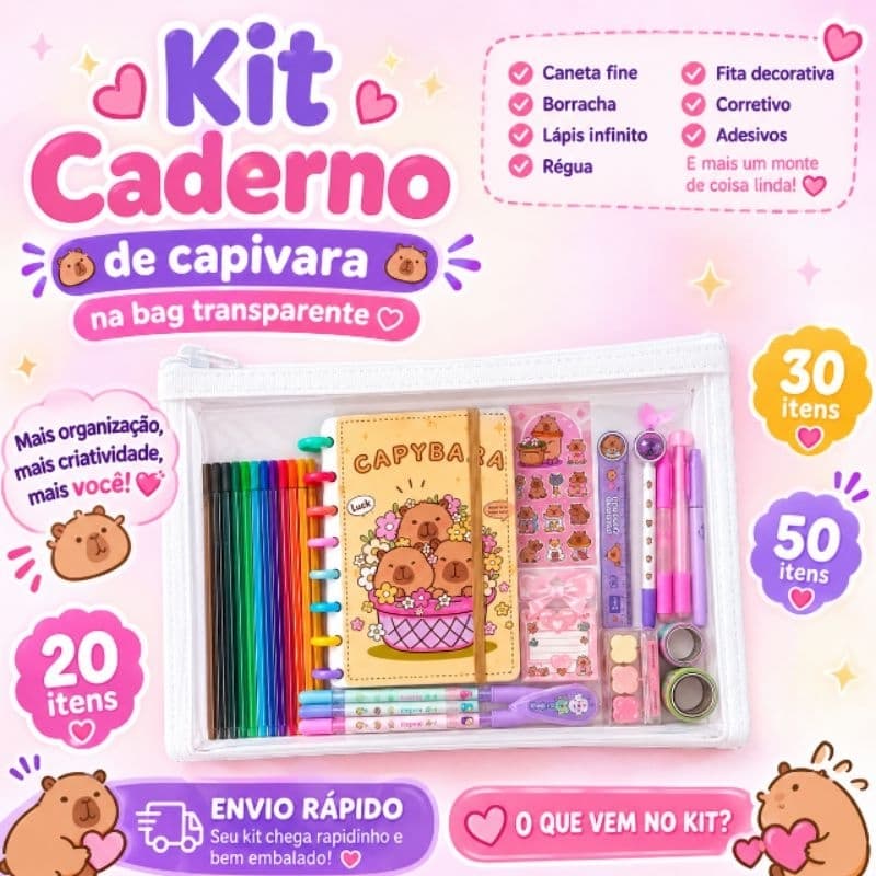 Kit papelaria Kawaii Caderno de disco | Caderno inteligênte | Papelaria criativa | Kit escolar | Caneta fofa | Criativa