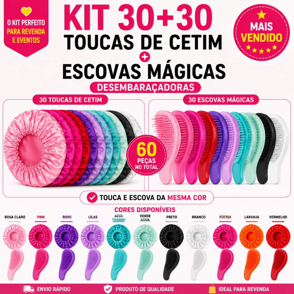 Kit Atacado 30 Toucas De Cetim Anti Frizz + 30 Escovas Desembaraçantes Salão Revenda Lote 60 Peças
