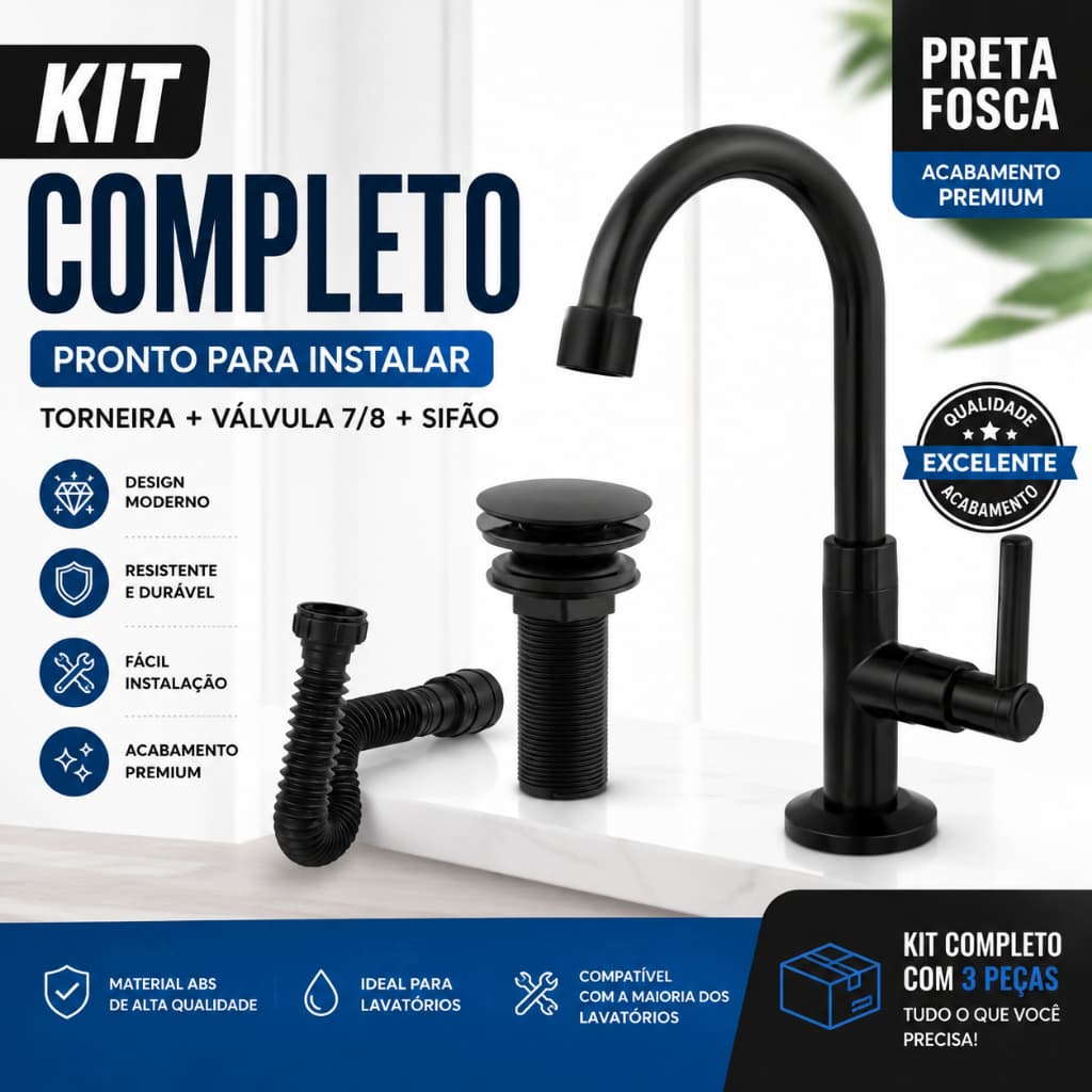 Kit Torneira Banheiro Preta Fosca Lavatório ABS com Válvula 7/8 e Sifão Flexível Completo