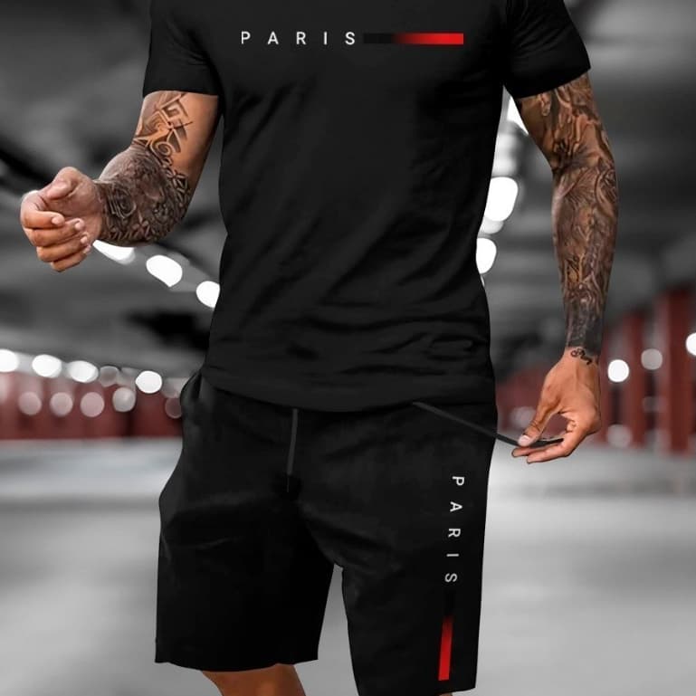 Conjunto Bermuda Short Tectel + Camiseta PRETA PARIS MINIMALIST kit Basico Algodão Malha Premium Barato