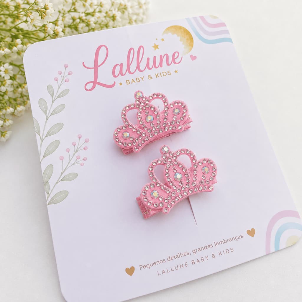 Parzinho Laço Coroa Princesa Mini 4cm para Bebê | Presilha Bico de Pato 100% Encapado