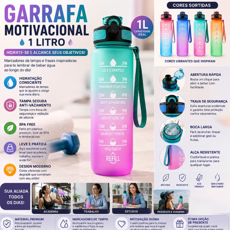 Garrafa de Hidratação 1 Litro Motivacional com Marcador de Tempo | BPA Free | Academia Trabalho