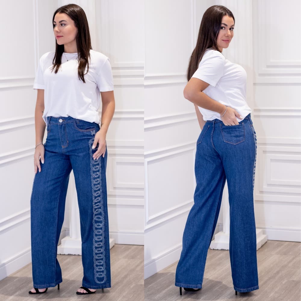 Calça Jeans Wide Leg Com Strass na Lateral, Cintura Alta - Modelo Infinity