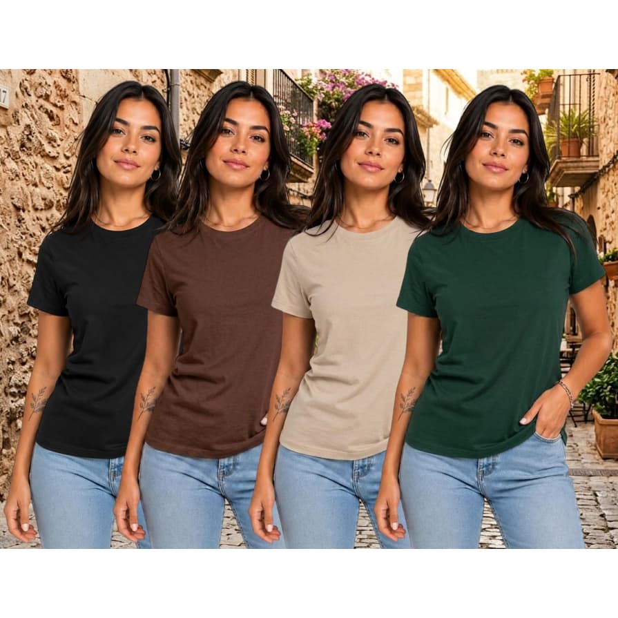 Kit 4 Camisetas Feminina 100% Algodão Premium Casual T-Shirt Básica Dia a Dia Tradicional Manga Curta Envio Imediato
