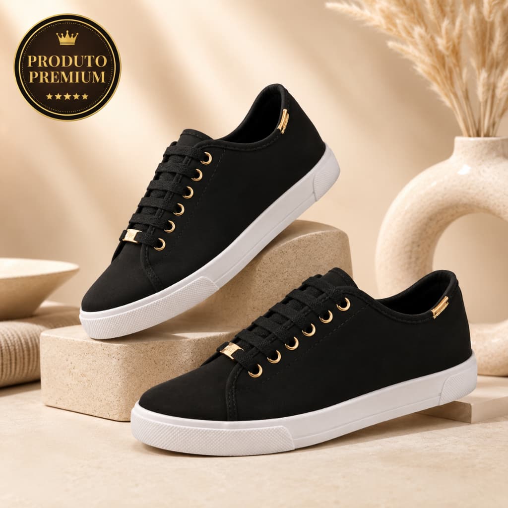 Tênis Feminino Casual Preto Confortável Leve Moderno com Cadarço Sola Branca e Detalhes Dourados Dia a Dia