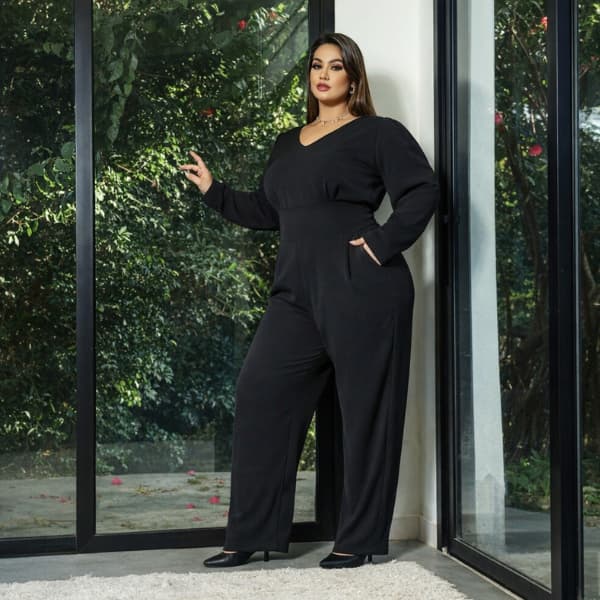 Macacão Plus Size  Manga Longa Feminino com Decote Princesa Conforto e Estilo Casual