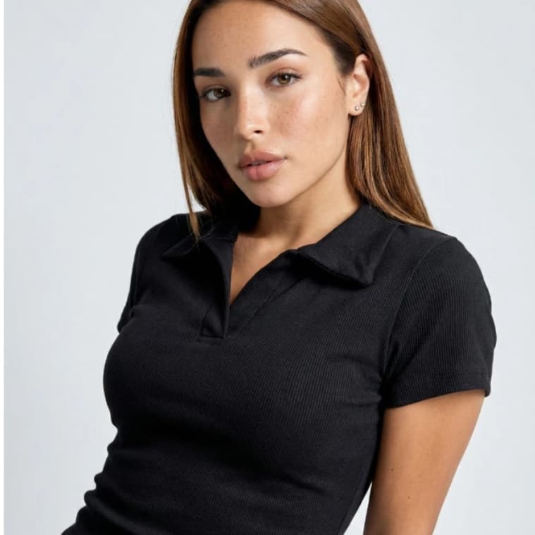 Blusa Polo Feminina Ribana canelada Preto Marrom Bege Moda Casual Elegante