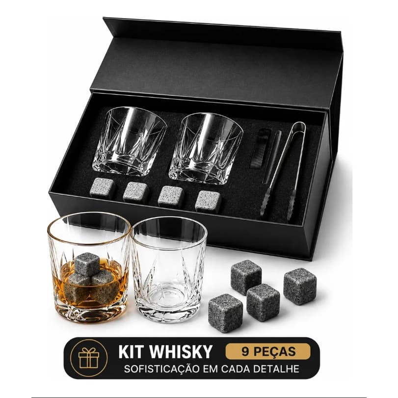 Jogo de Whisky 9 Peças 2 Copos de Vidro 6 Pedras de Gelo Reutilizáveis e Pinça