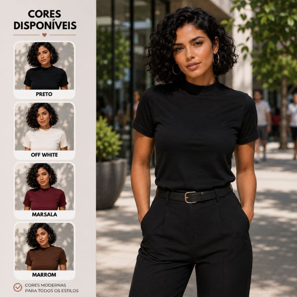 T-Shirt Blusa Feminina Casual Gola Alta Manga Curta Confortável 100% Algodão