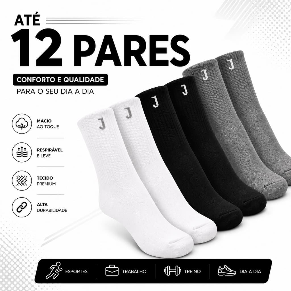 Kit Até 12 Pares de Meia Cano Longo Tecido Macio Com Ajuste Perfeito