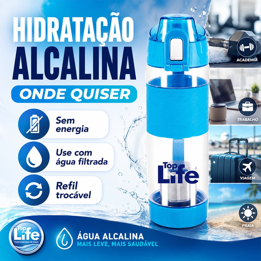 Garrafa Portátil Água Alcalina Top Life 650ml Refil Duravel 3000L Econômica