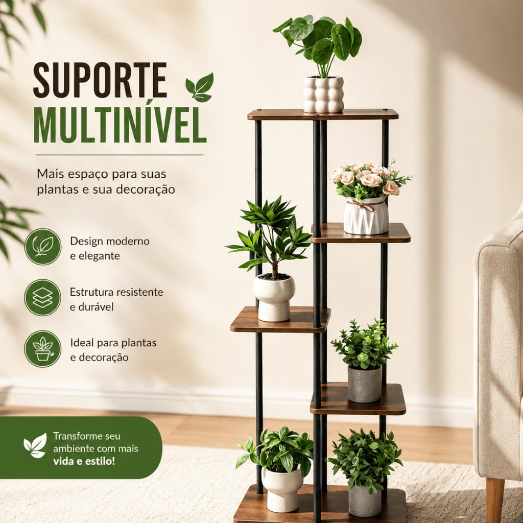 Suporte para Plantas 5 Níveis em Madeira e Aço Organizador Decorativo para Vasos Sala Varanda Jardim