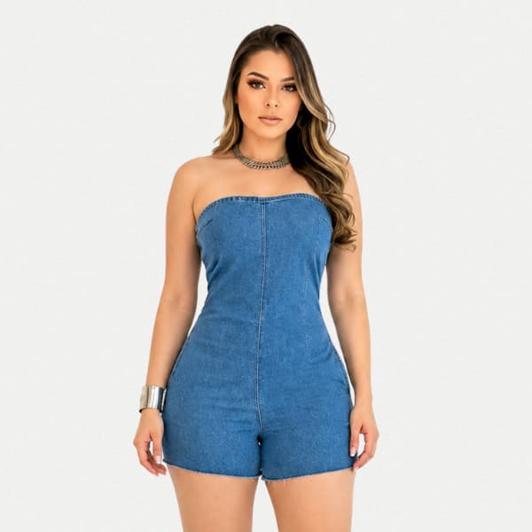 Macaquinho Jeans Tomara Que Caia Elaxtex Feminino Ajuste Conforto Moderno Versátil Elegante Casual