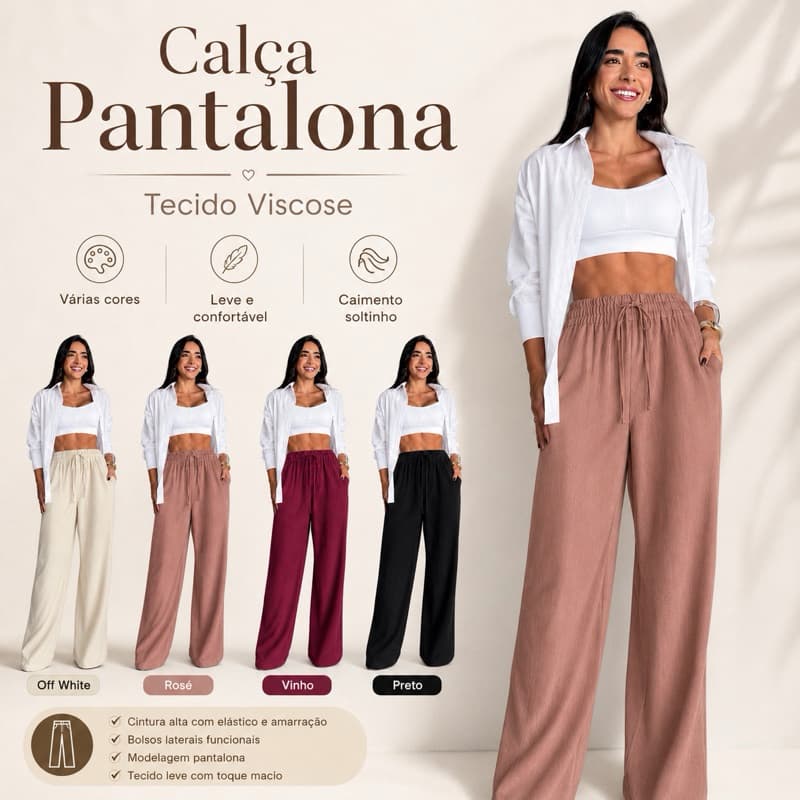 Calça feminina Pantalona Tecido Viscose Marrant cintura alta leve verão praia