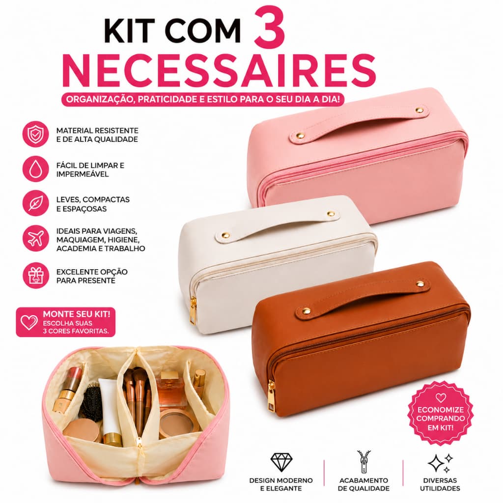 kit 3 Necessaire Com Divisória Organização Com Elegância  Divisórias Inteligentes Material Resistente Ótima Para Viagem