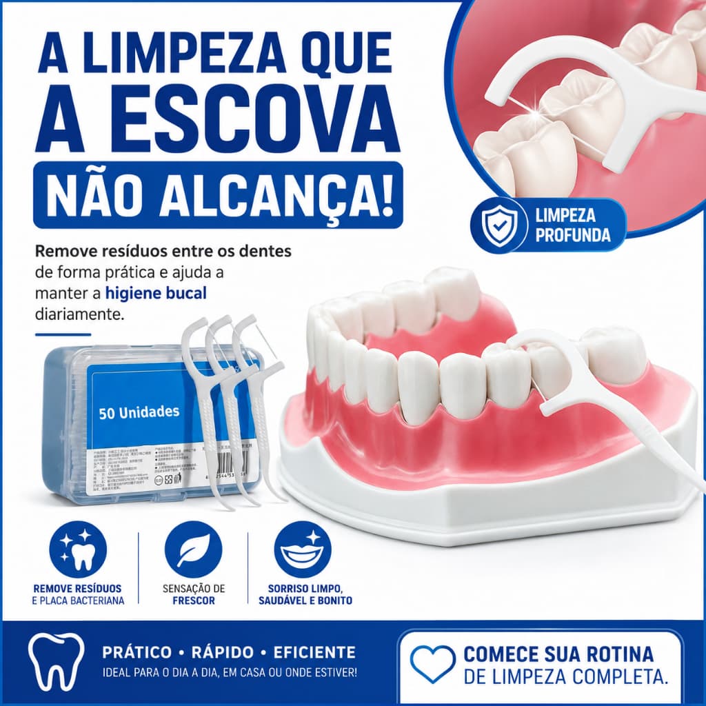 Fio Dental em Arco Ultra Fino 50 Unidades Com Palito Descartável Limpeza Bucal Resistente