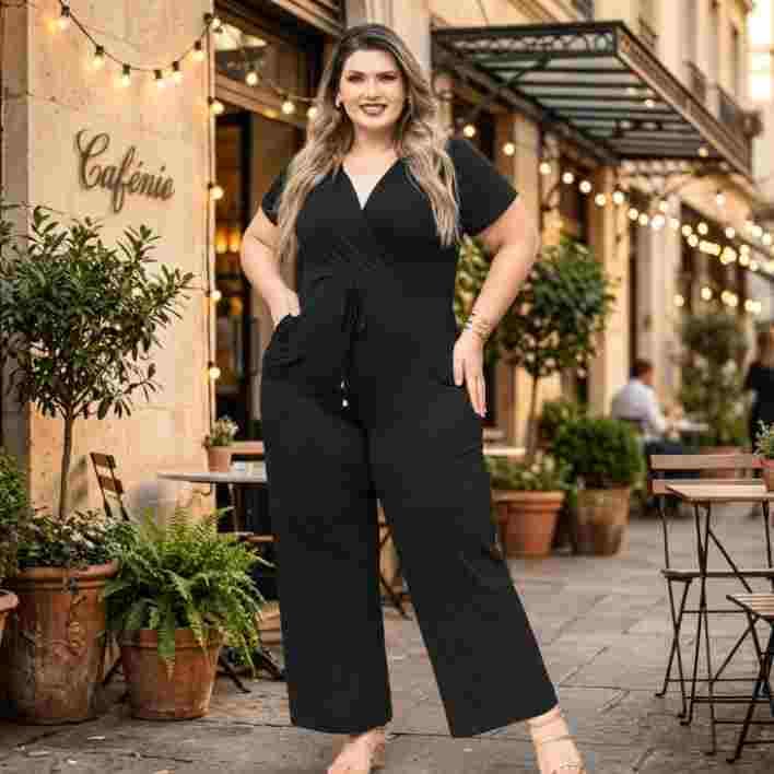 Macacao Plus Size Longo Feminino Decote Transpassado Moda GG ao G3