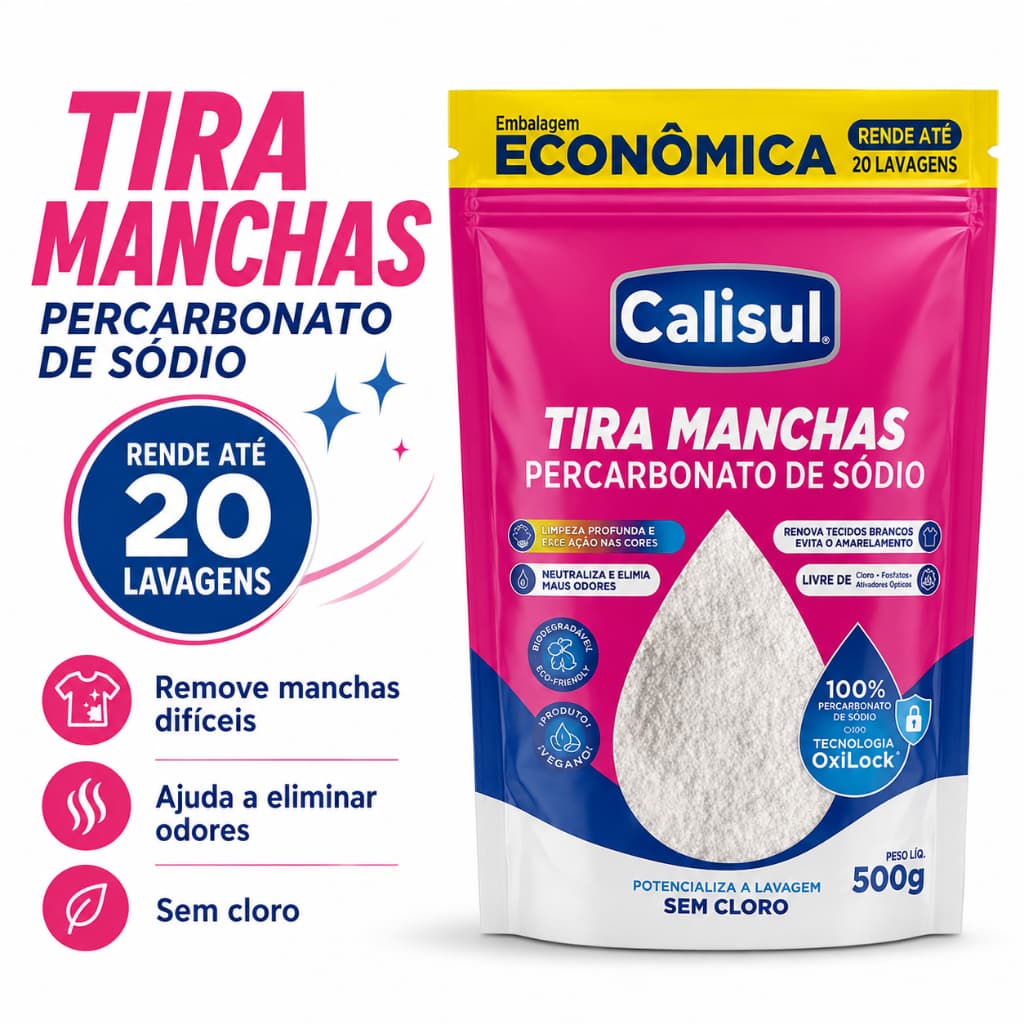 Percarbonato De Sódio 500g Alvejante Sem Cloro Tira Manchas Roupa Branca e Colorida Calisul