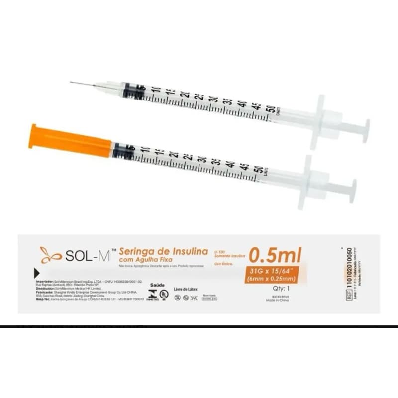 10 Seringa Insulina 0,5ml Agulha Fixa Ultrafina 0,25mmx6mm Sol-M