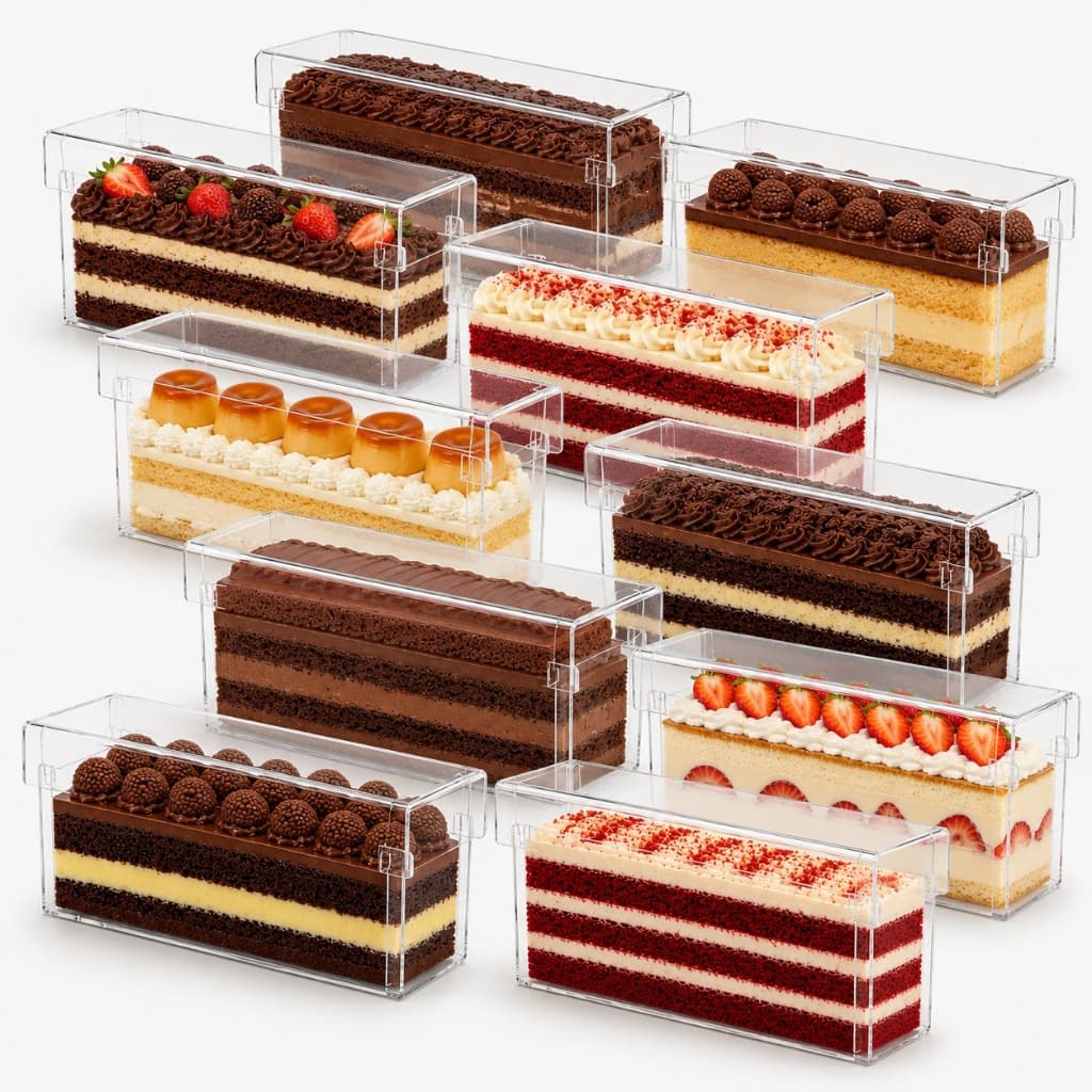 Kit 10 Slice Cake Forma 30x10x10 Acrílico Fatia Com Tampa Bolo Confeitaria Formas