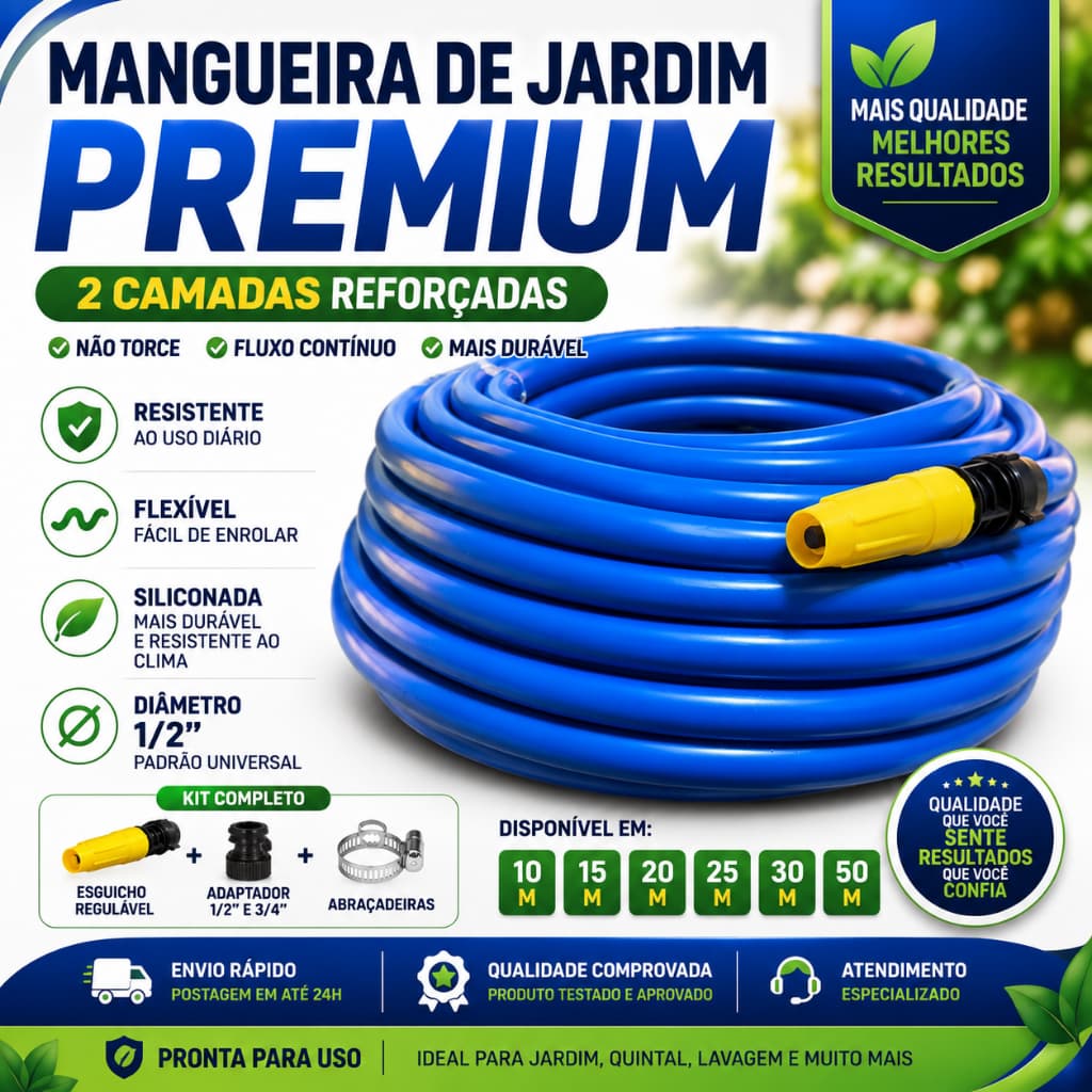 Mangueira de Jardim Reforçada 1/2" Dupla Camada - Siliconada Flexível Não Torce com Esguicho e Adaptador