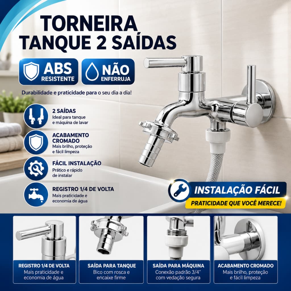 Torneira Tanque 2 Saídas ABS Resistente Não Enferruja Instalação Fácil