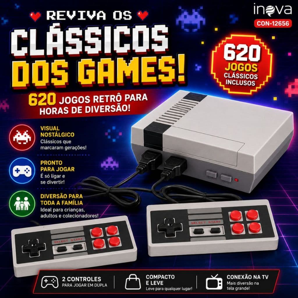 Mini Nitendo Nes vídeo game retrô 620 jogos clássicos com 2 controles