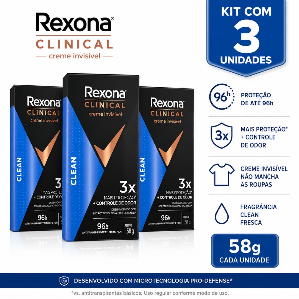 Kit 2 e 3 Rexona Clinical Clean Desodorante Antitranspirante Creme Invisível Masculino 58g Proteção 96h Controle de Odor