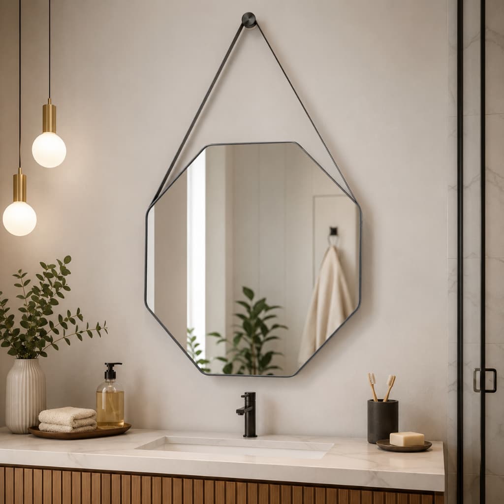 Espelho Octagonal Decorativo 40x40 e 60x60 Suspenso com Alça Couro Banheiro Lavabo Quarto com Pino