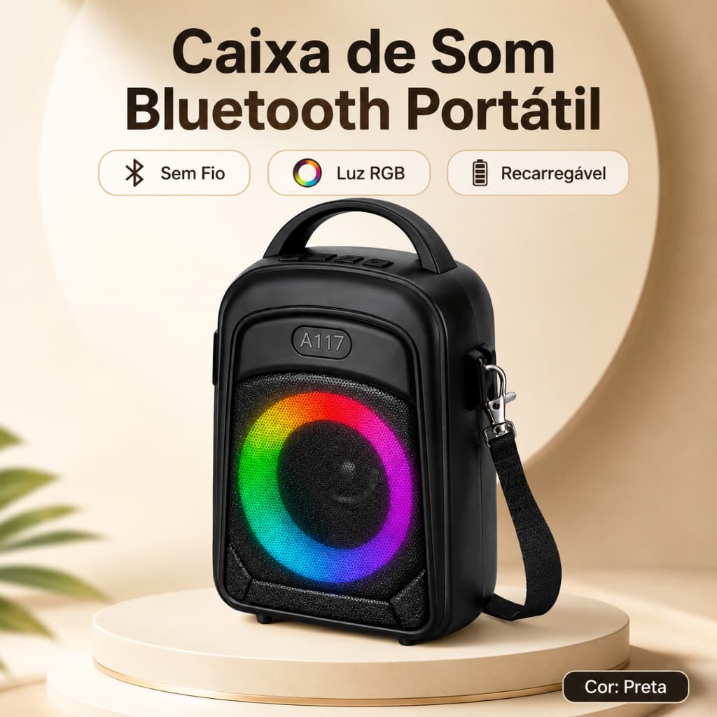Caixa de Som Portátil BT 20W com Iluminação RGB – Bluetooth, Som Alto e Compacta