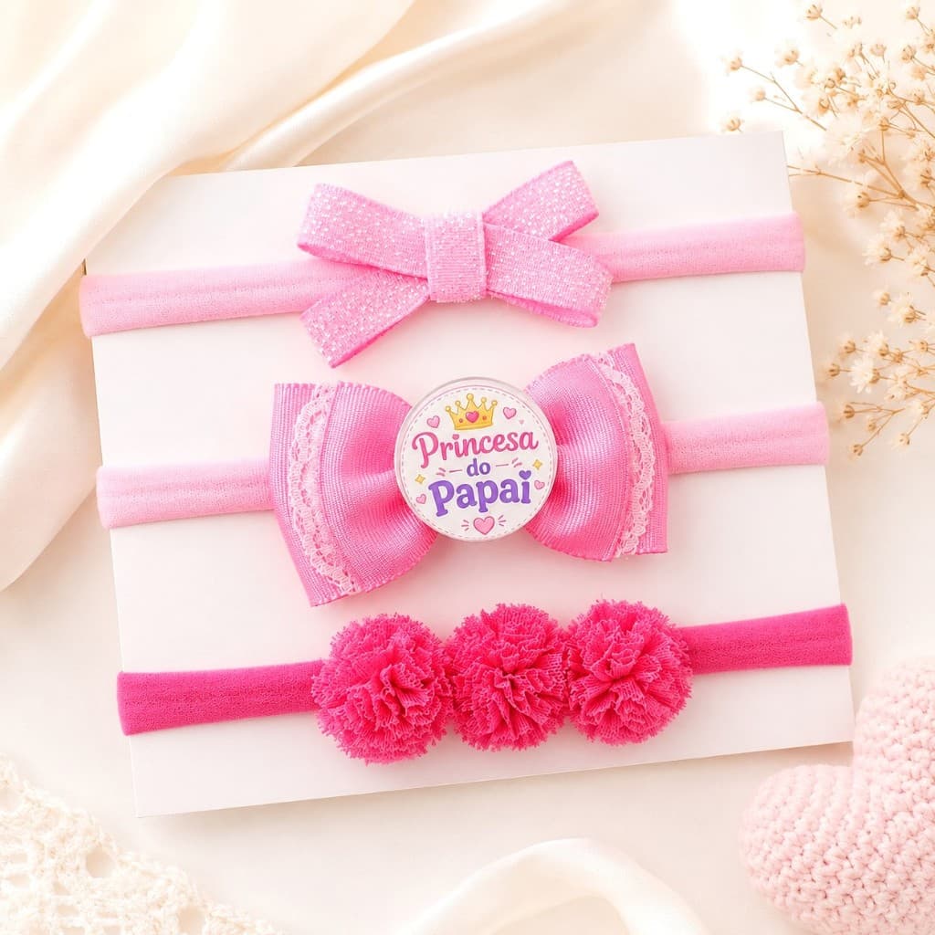 Kit 3 Faixas de Bebê Menina Princesa do Papai Tiara Recém Nascida Laços Maternidade Enxoval Presente