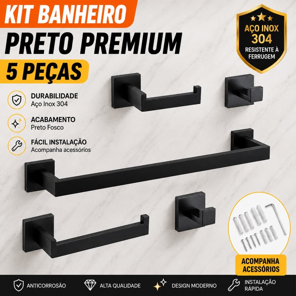 Porta Toalha Banheiro 5 Peças Inox 304 Premium Cromado Suporte para Banheiro Completo