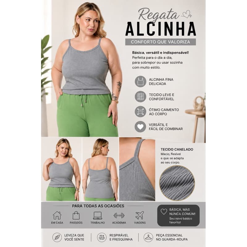 Regata Básica Alça Feminina Canelada Premium Americana Blusa Promoção