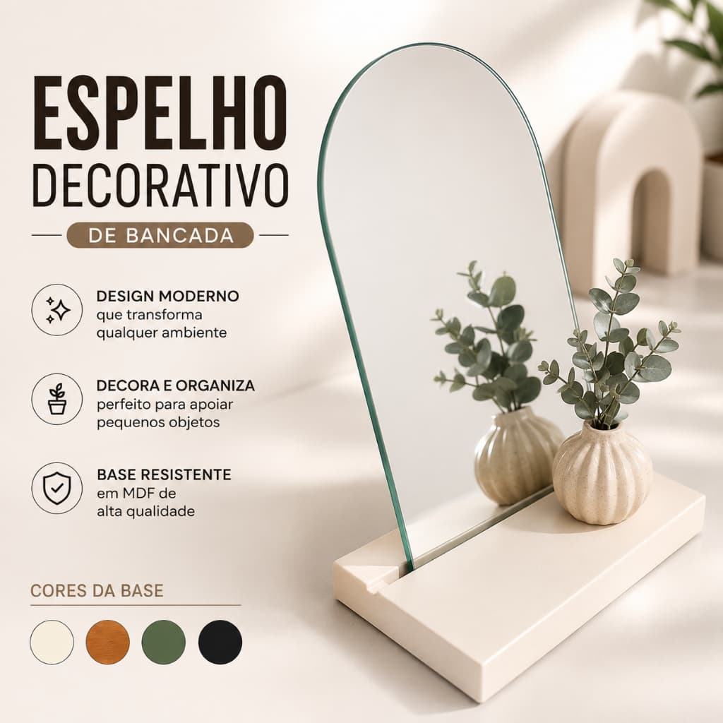Espelho Decorativo de Bancada Orgânico 15x18cm Base MDF Minimalista para Quarto Banheiro Penteadeira Lavabo