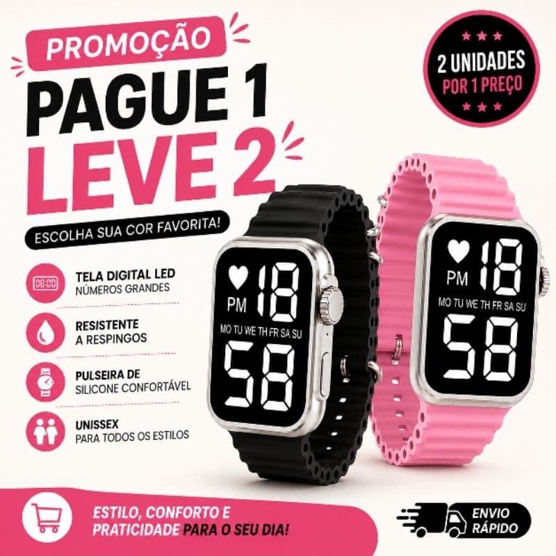 Kit Relógio Digital LED Unissex Esportivo Pulseira Silicone Ajustável Preto Rosa Laranja Resistente Leve Casual