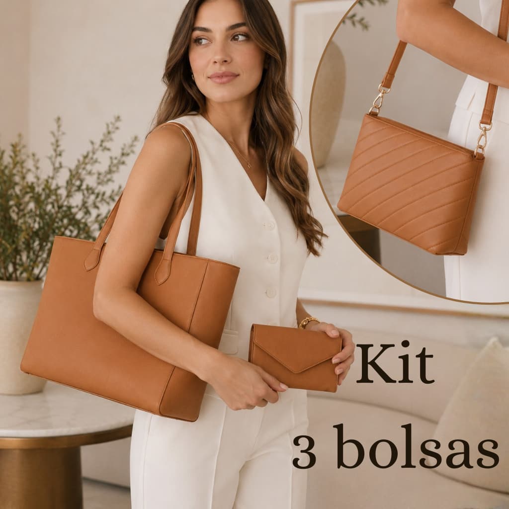 Kit 3 Itens Bolsa Feminina Nécessaire Carteira Utilidade Diária Trend Tiracolo Shopper Tote Sacola