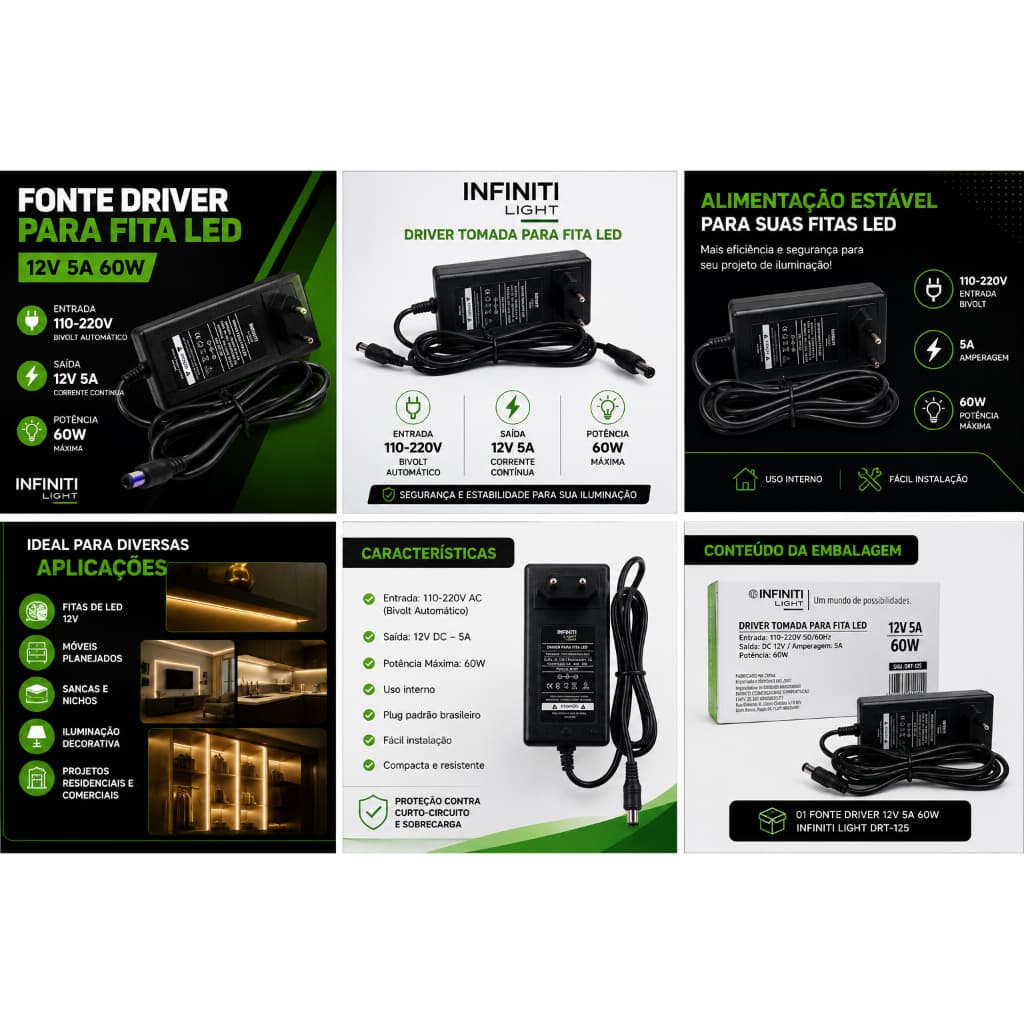 Fonte Driver 12V 5A 60W Bivolt para Fita LED Infinity Light DRT-125