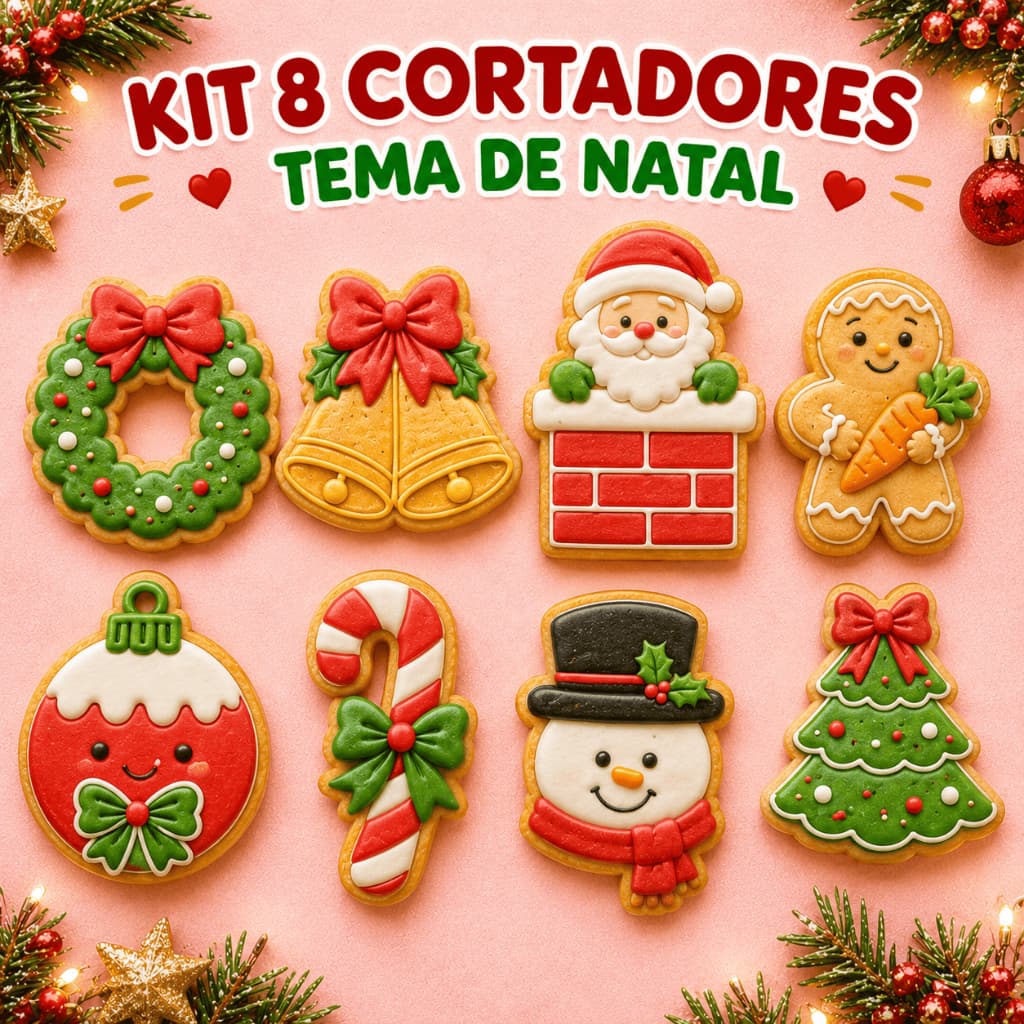 Kit 8 Cortadores de Biscoito Natalino Marcador Carimbo Massa Pasta Americana Cookies Confeitaria