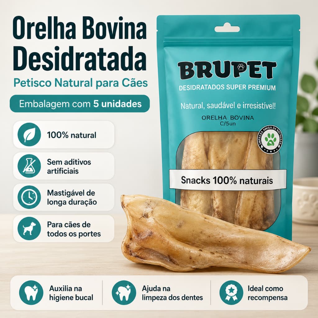 Pacote com 5 Unidades Orelha Bovina Desidratada 100% Natural Petisco Mordedor para Cães Cachorro Pet Kit