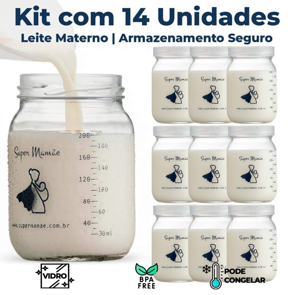 Kit 14 Potes de Vidro 200ml para Armazenar Leite Materno – Tampa Plástica BPA Free