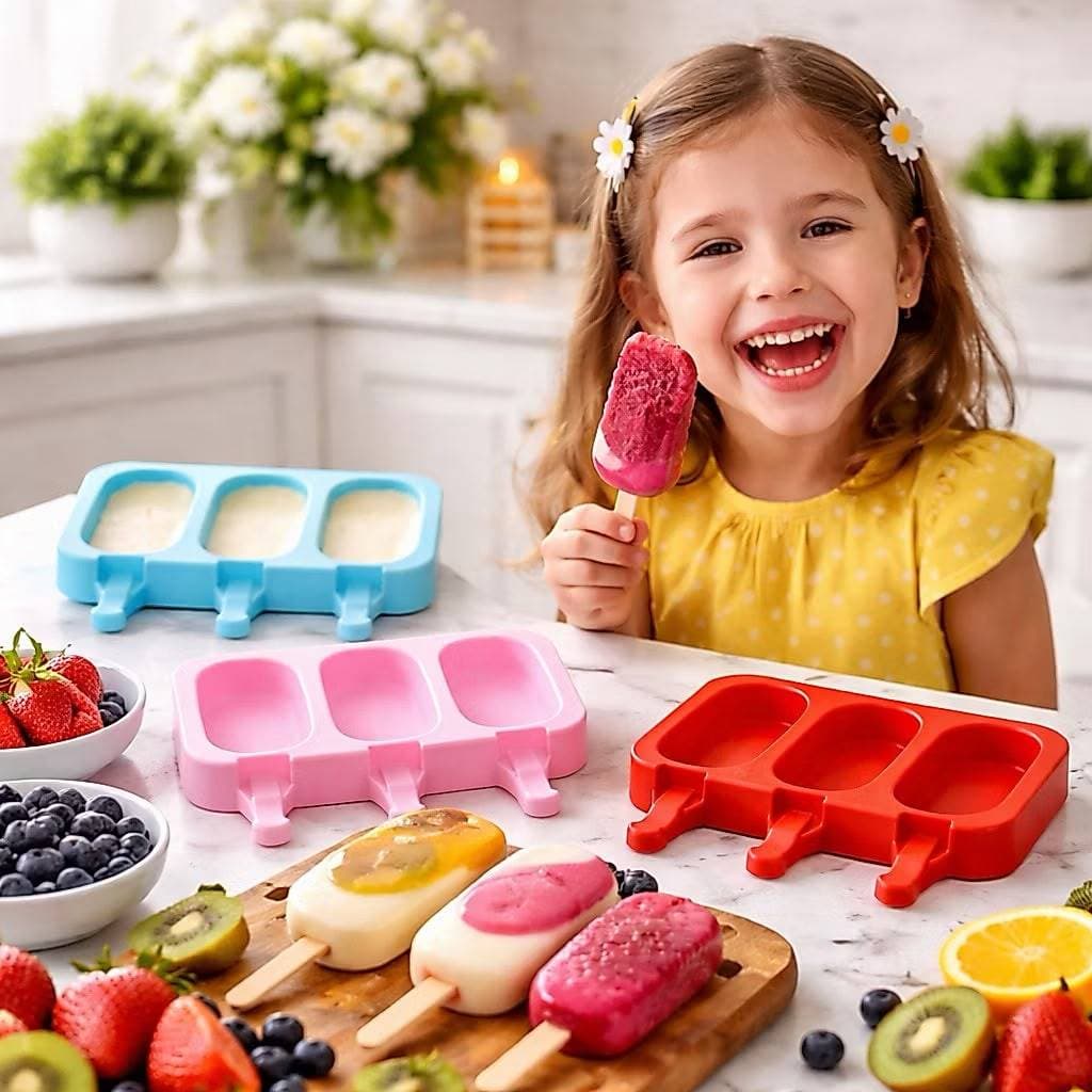 Forma de Picolé Silicone 3 Cavidades + 50 Palitos | Sorvete Caseiro Fácil e Prático