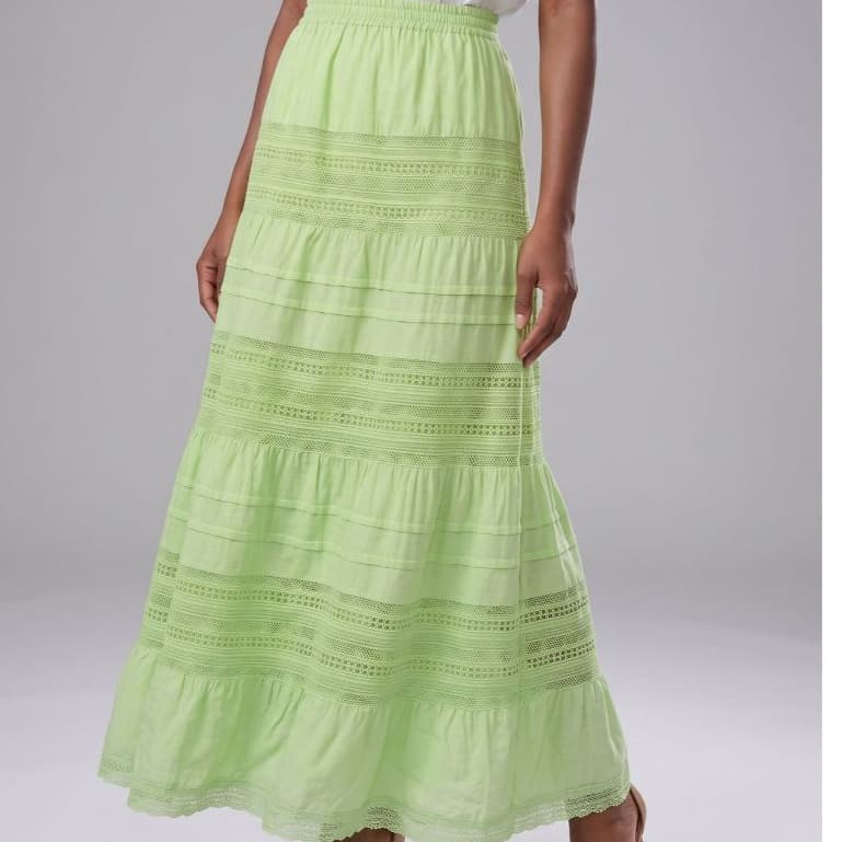 Aletheia - Saia Longa Feminina Poliéster com Viscose Cintura Alta Evasê com Renda Guipir Casual Confortável
