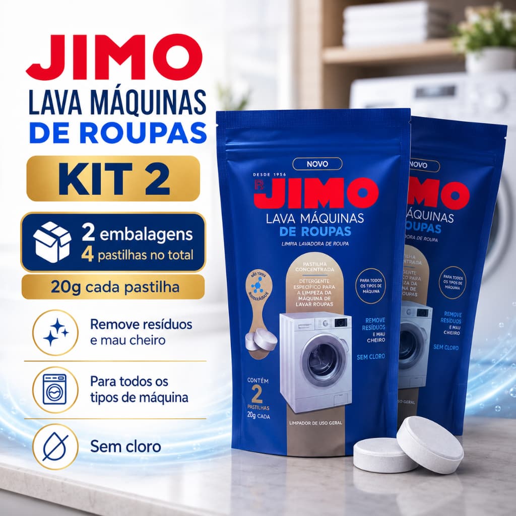 Kit 2 Pastilha Limpa Máquina de Lavar Roupa Jimo 20g Tira Odor Mofo Bactérias Tanquinho Lava e Seca Frontal Higienizador