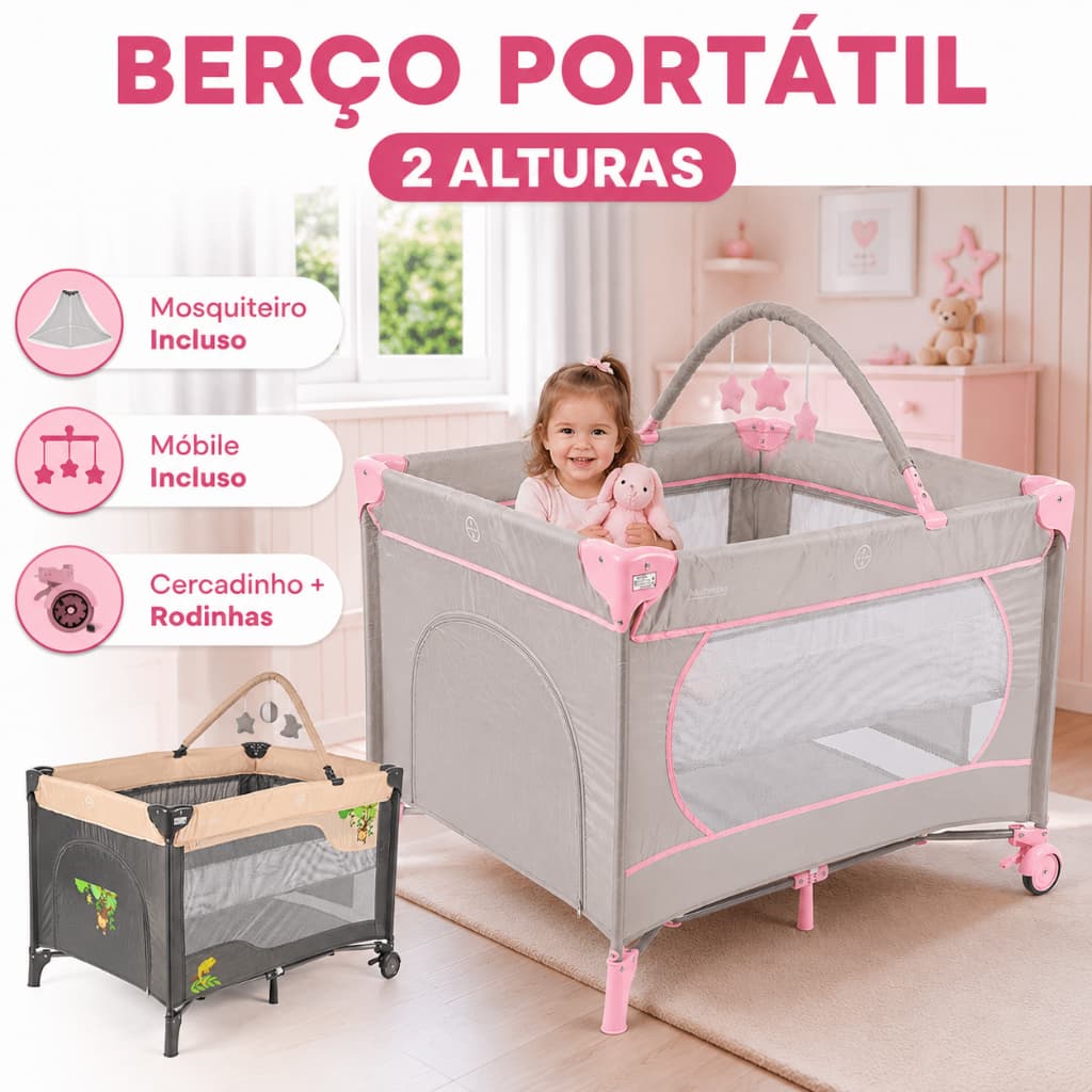 Berço Portátil Infantil 2 Alturas Cercadinho para Bebê com Rodinhas e Mobile Menina Rosa